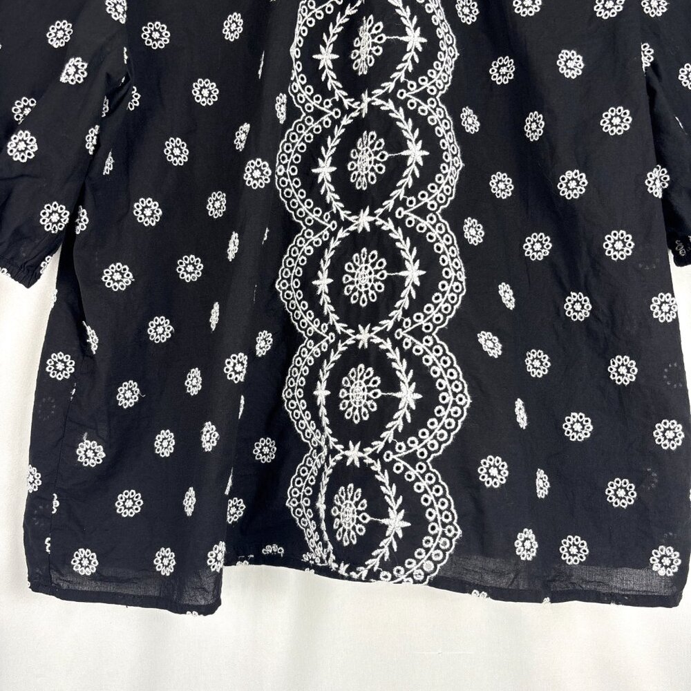 LOFT Black Embroidered Puff Sleeve Top Women's Size Large Boho Cottagecore - Picture 4 of 15
